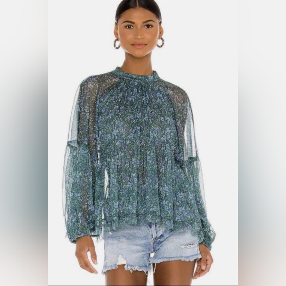 Free People Sweet Heart Top Emerald Green Sheer Open Back Size Small